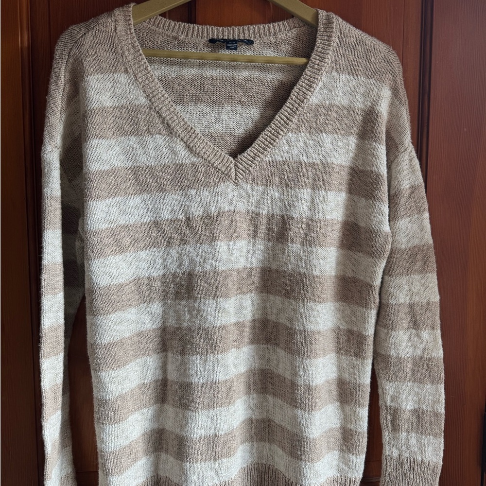 American Eagle Outfitters V-Neck Sweater - Beige and White Stripes